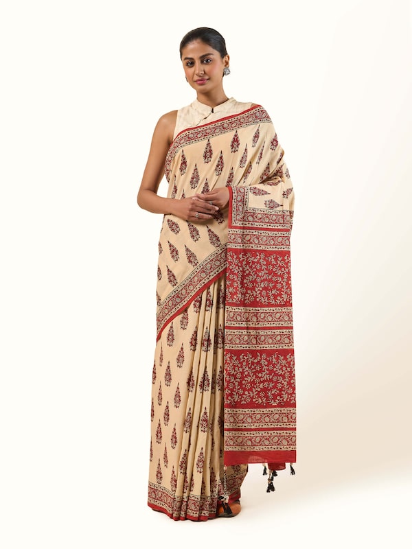 Off-white Cotton Natural Dyed Bagru Block Printed Saree