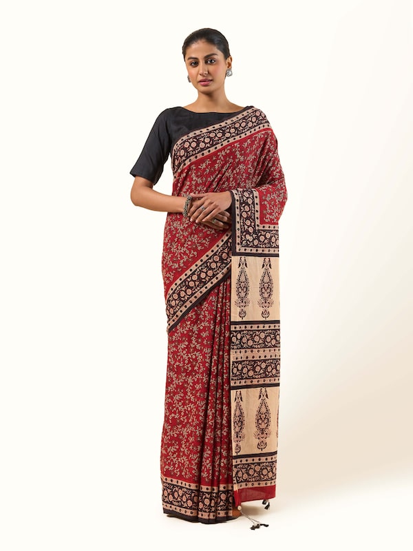 Red Cotton Natural Dyed Bagru Block Printed Saree
