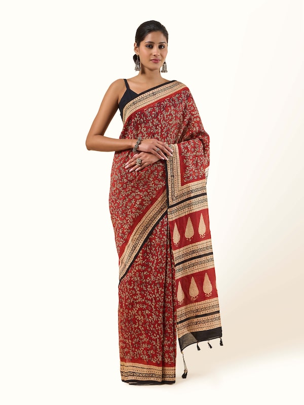 Black Dyed Cotton Silk Bagru Block Printed Saree