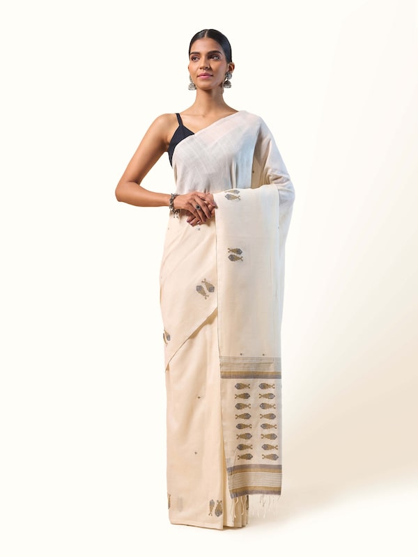 Off-white & Gold Cotton Extra-weft Saree