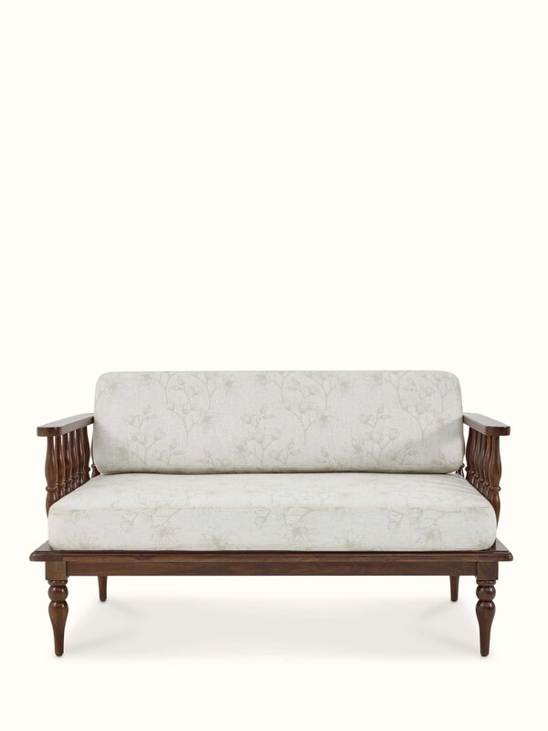 Teak Finish Upholstered Sheesham Wood 2-seater Sofa