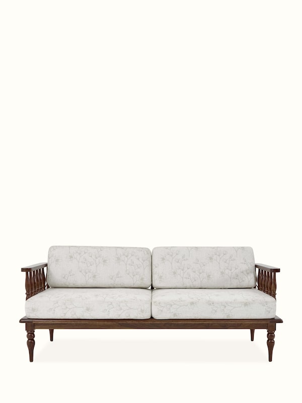 Teak Finish Upholstered Sheesham Wood 3-seater Sofa