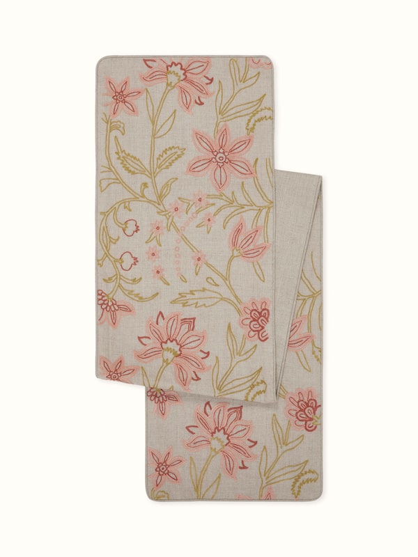 Mansur Peach All-over Linen Kashmiri Chain Hand Embroidery Table Runner