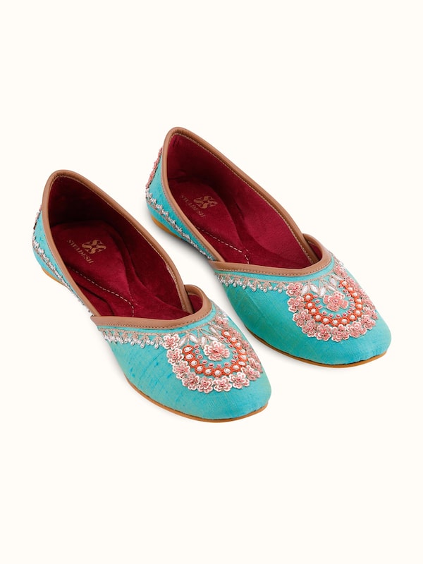 Turquoise Leather Zardozi Juttis