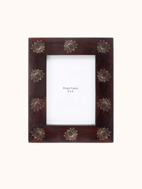 Tarkashi Sheesham Wood & Brass Lotus Photo Frame