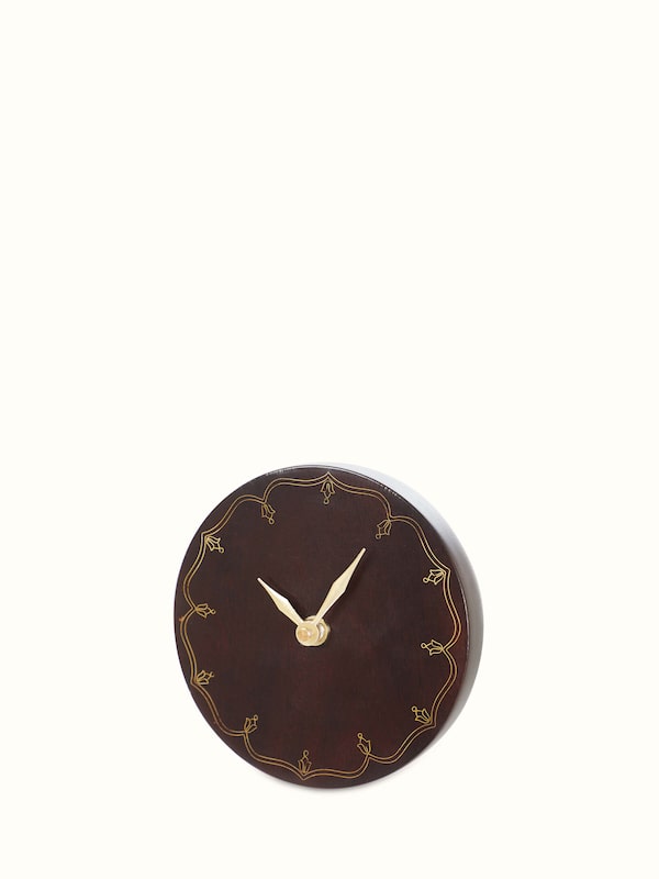 Natural Tarkashi Sheesham Wood & Brass Table Clock