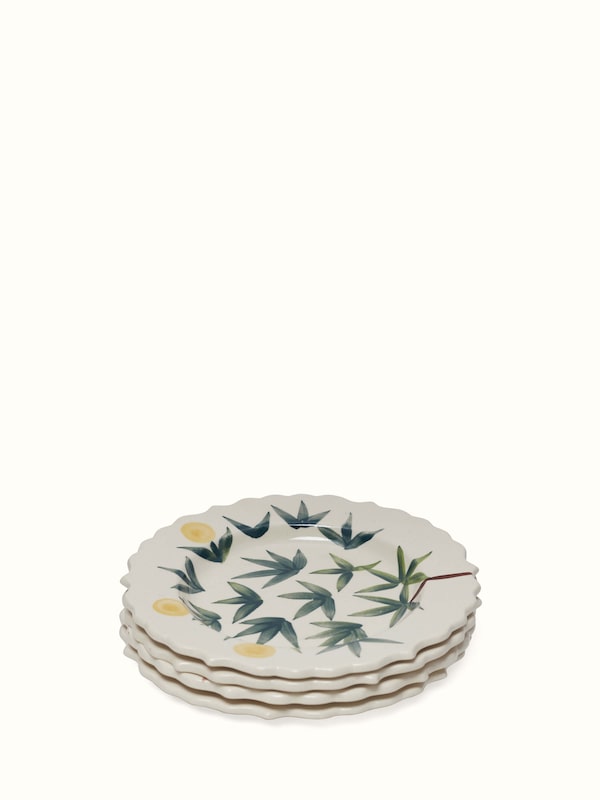 Khurja Pottery Ceramic Salad Plates White & Green (4 Pcs)