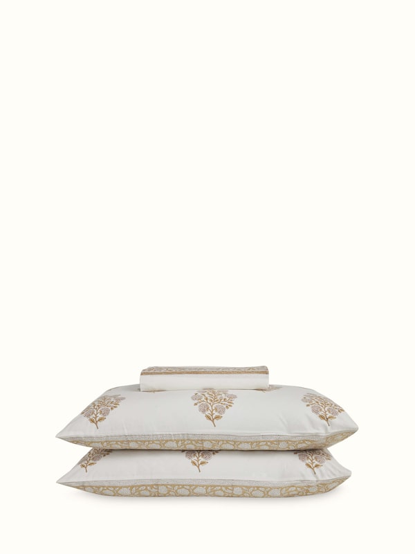 Saha Beige Floral Cotton Sanganeri Hand Block Print Queen-size Bedsheet Set
