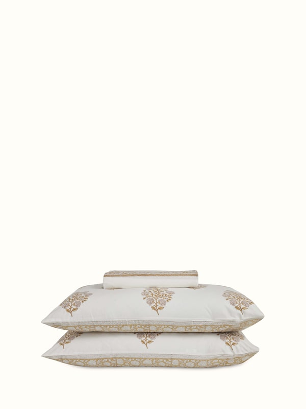 Saha Beige Floral Cotton Sanganeri Hand Block Print King-size Bedsheet Set