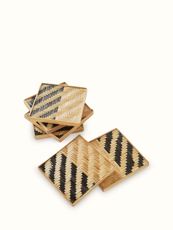 Naveena Black Geometric Square Natural Fibre Bamboo Coasters (6 Pcs)