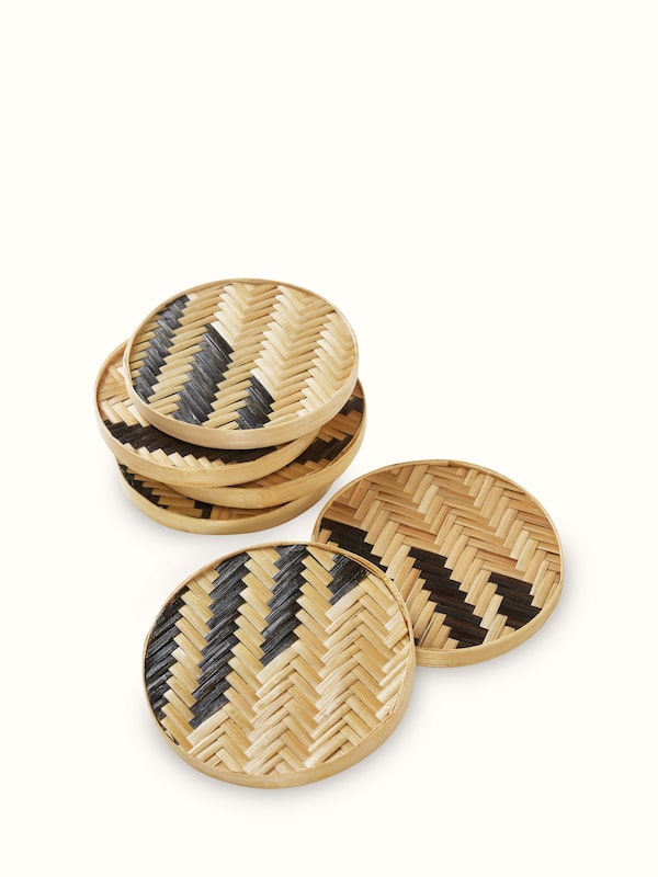 Naveena Black Round Natural Fibre Bamboo Coasters (6 Pcs)
