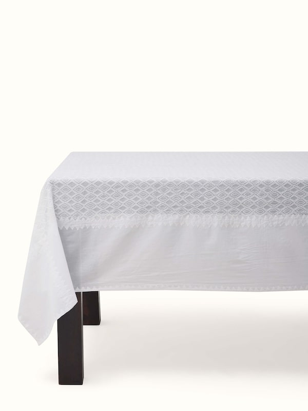 Ananda White Geometric Cotton Chikankari Hand Embroidery Table Cover (4 Seater)
