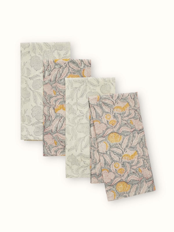 Samaha Grey Floral Cotton Sanganeri Hand Block Printed Dish Towels (4 Pcs)