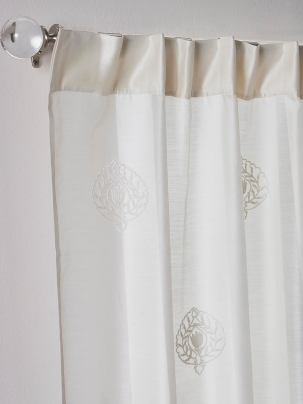Razza Ivory Buti Cotton Silk Kashmir Chain Stitch Hand Embroidery Sheer Curtain (7 Ft)