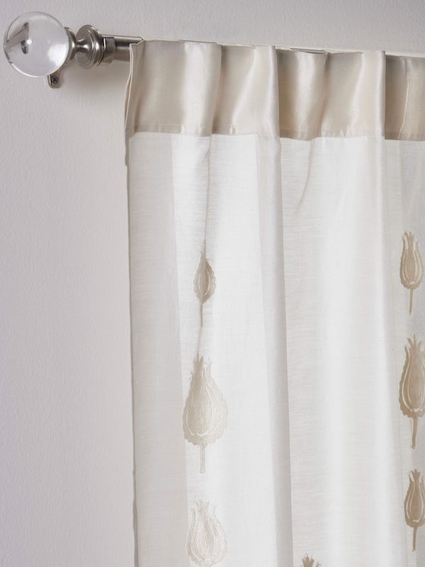 Razza Ivory Tulip Buti Cotton Silk Kashmir Chain Stitch Hand Embroidery Sheer Curtain (7 Ft)