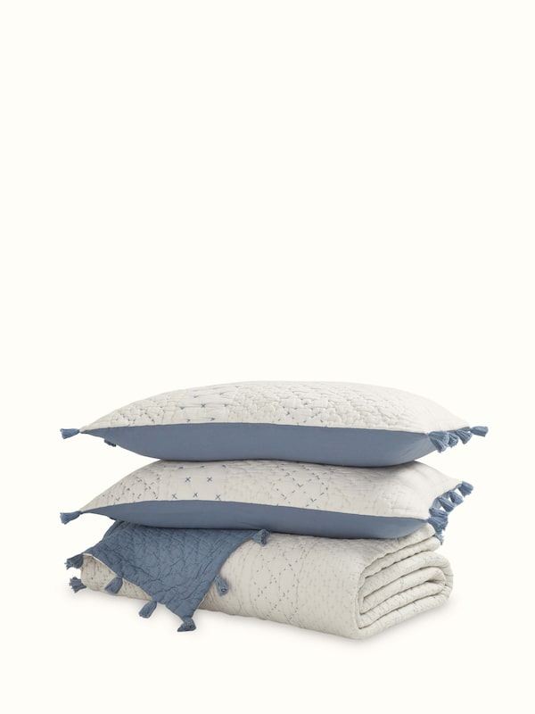 Nitya Blue Textured Stripe Cotton Razai Embroidery Double-size Bedspread Set