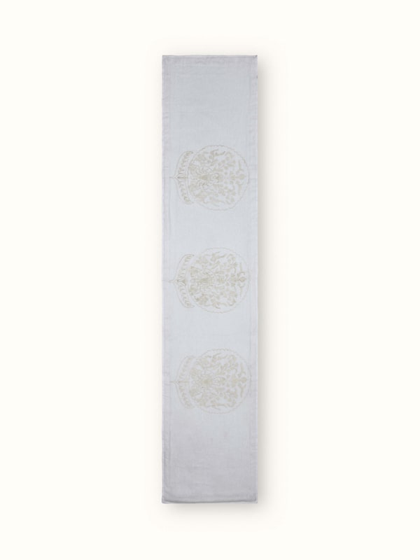Razza White Carnation Buta Linen Crewel Hand Embroidered Bed Runner