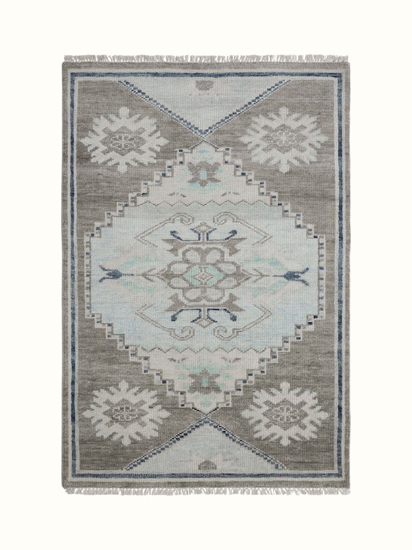 Traditional Oushak Grey Blue Bhadohi Wool Hand-knotted Rug