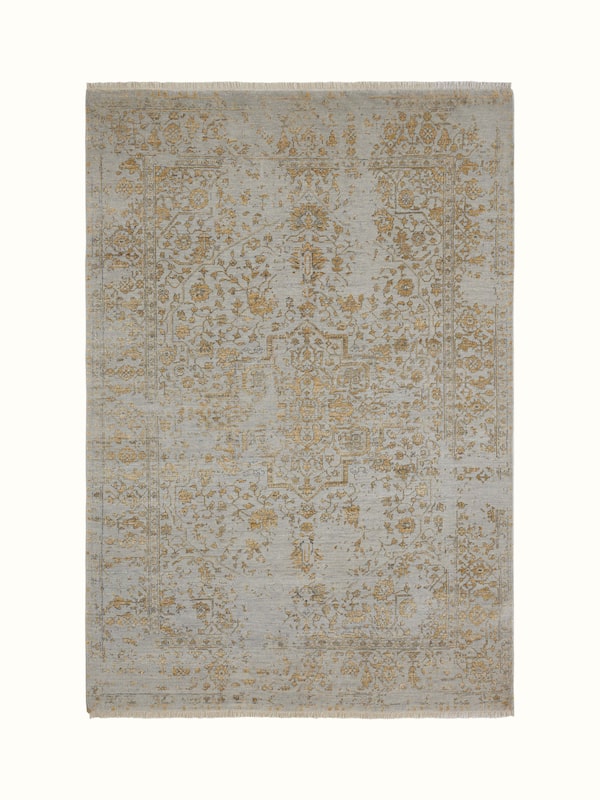 Distressed Transitional Grey Agra Wool & Viscose Hand-knotted Rug