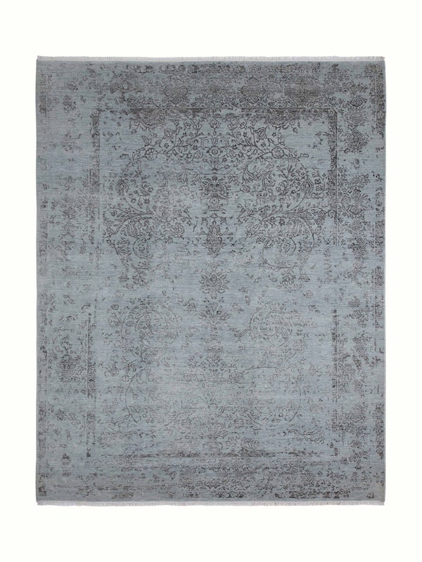 Distressed Transitional Grey Charcoal Agra Wool & Viscose Hand-knotted Rug