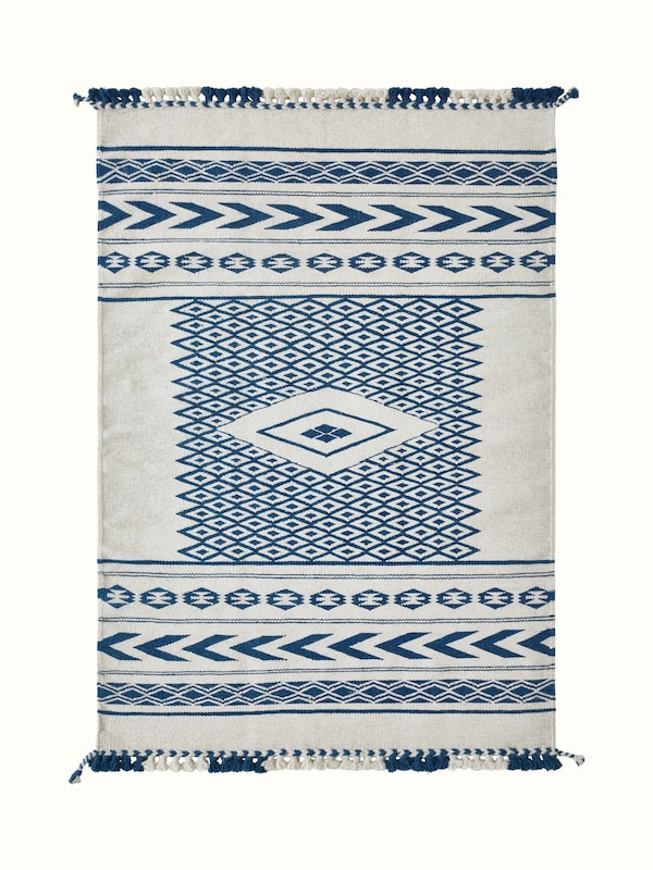 Traditional Geo Ivory Indigo Gujarat Wool Kharad Dhurrie (4X6 Ft)