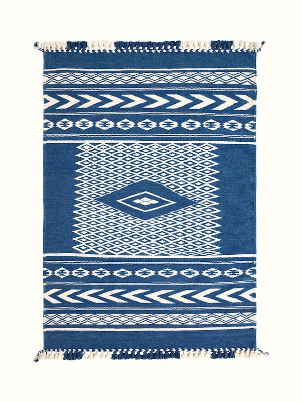 Traditional Geo Indigo Ivory Gujarat Wool Kharad Dhurrie (4X6 Ft)