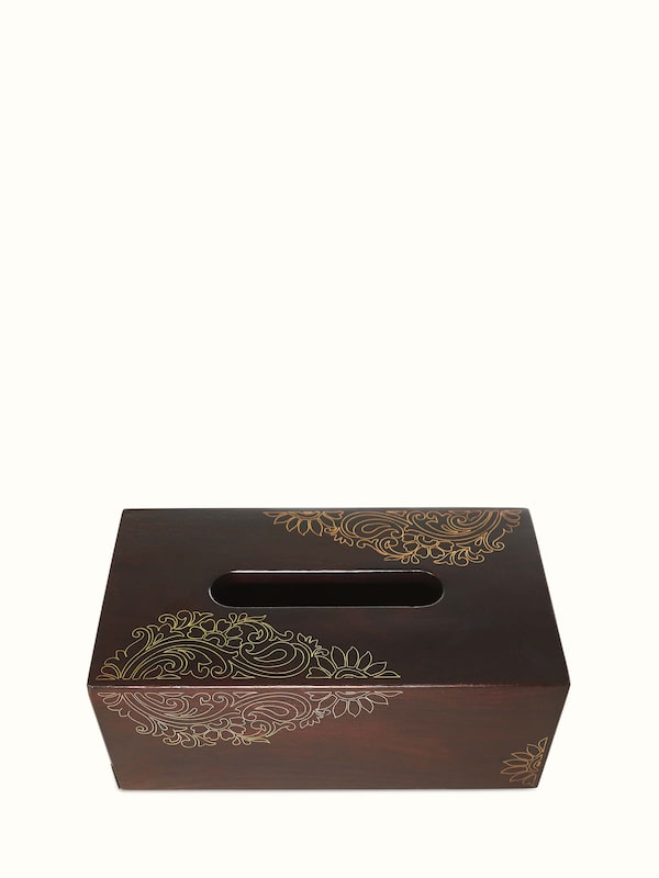 Tarkashi Sheesham Wood & Brass Inlaid Tissue Box Brown Color