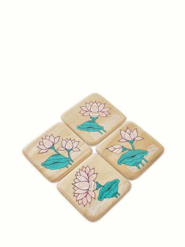 Carved Gamhar Wood Coasters White & Teal (4 Pcs)