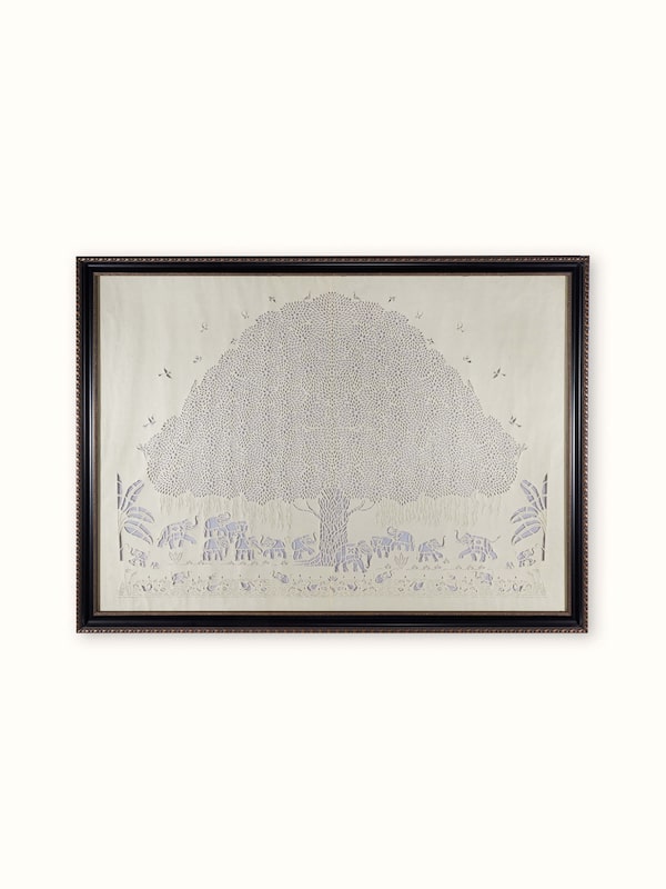 Sanjhi Paper Stencil Elephants under Banyan Tree Wall Art