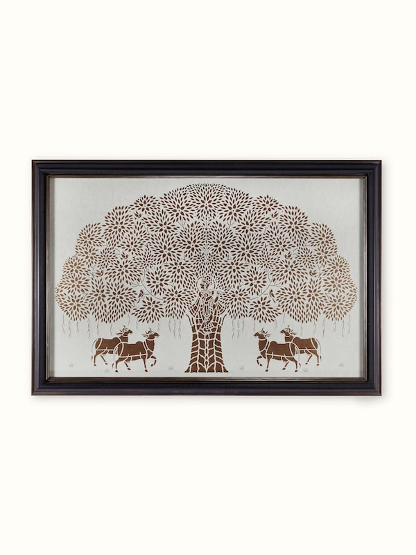 Sanjhi Paper Stencil Cows under Krishna Tree Wall Art