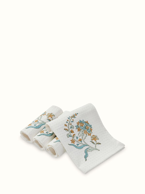 Palampore White Floral Cotton Sanganeri Block Printed Face Towels (4 Pcs)