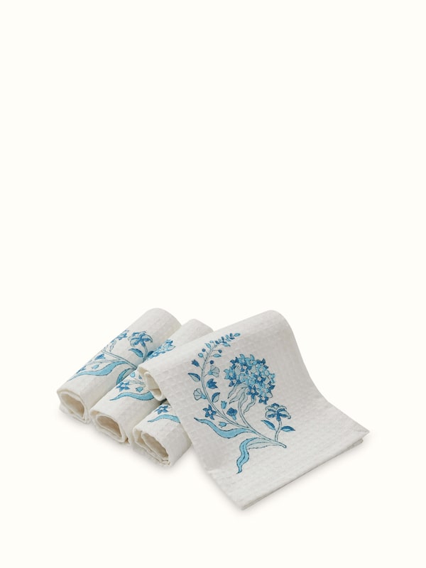 Palampore Blue Floral Cotton Sanganeri Block Printed Face Towels (4 Pcs)