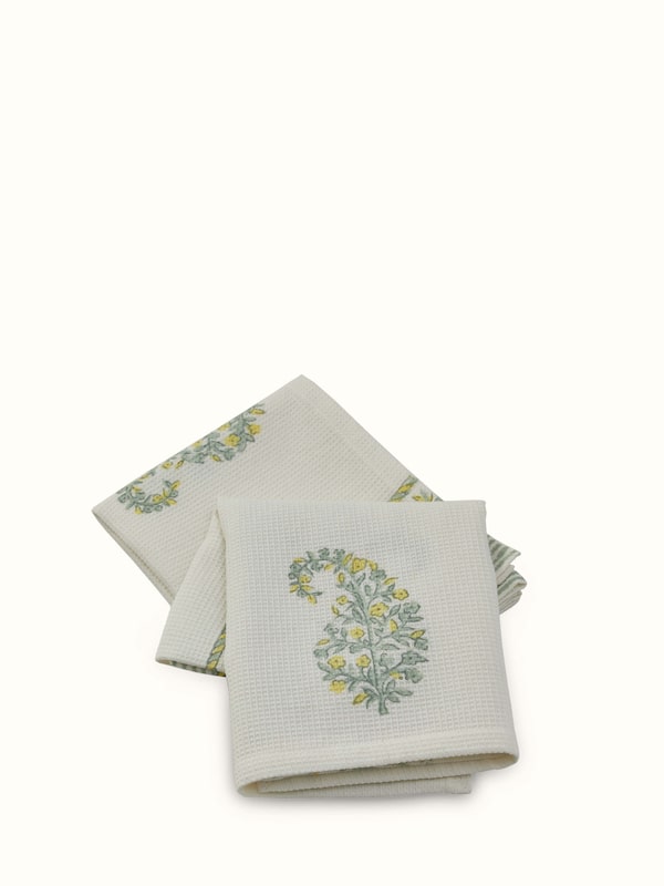 Ambi Stripe Yellow Floral Cotton Sanganeri Block Printed Hand Towels (2 Pcs)