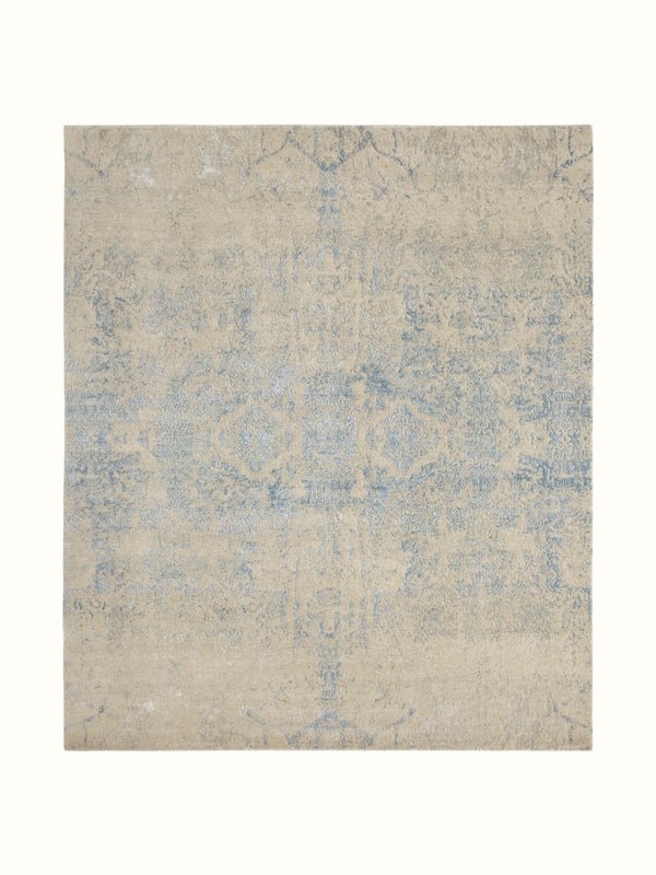 Modern Distressed Transitional Blue Bhadohi Wool & Viscose Hand-knotted Rug