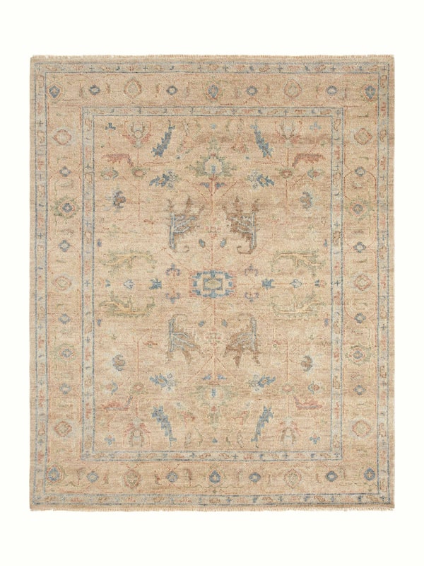 Traditional Oushak Beige Bhadohi Wool Hand-knotted Rug