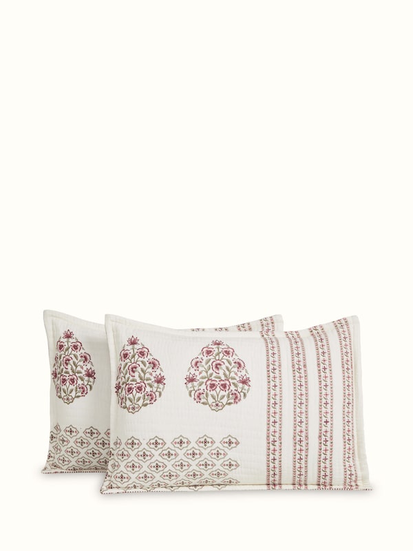 Aarunya Red Floral Cotton Sanganeri Hand Block Print Pillow Shams (2 Pcs)
