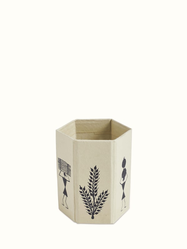 Warli Painted Paper Pen Stand Brown