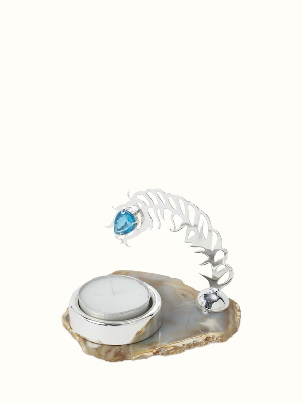 Silver-plated Peacock Feather T-light Holder with Blue Gemstone