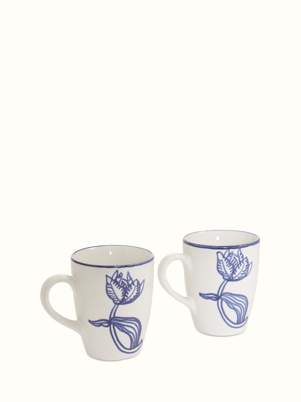Khurja Pottery Ceramic Coffee Mugs White & Blue (2 Pcs)
