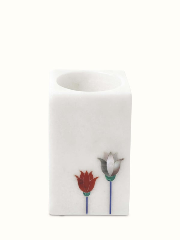 Pacchikari White Ambaji Marble Floral Toothbrush Holder