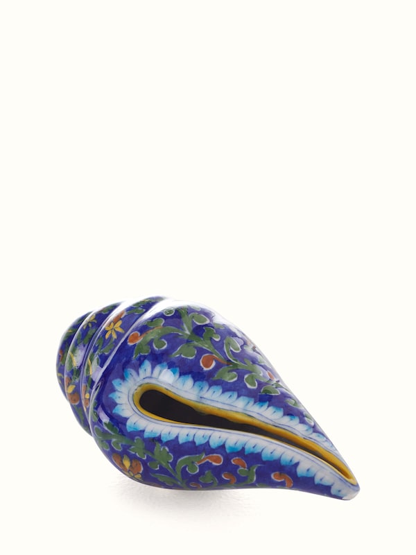 Blue Pottery Ceramic Garden Conch Shell Artpiece Indigo Color