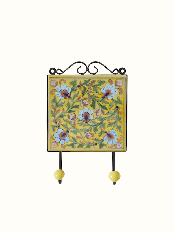 Blue Pottery Ceramic 2-pin Wall Hook Yellow Color