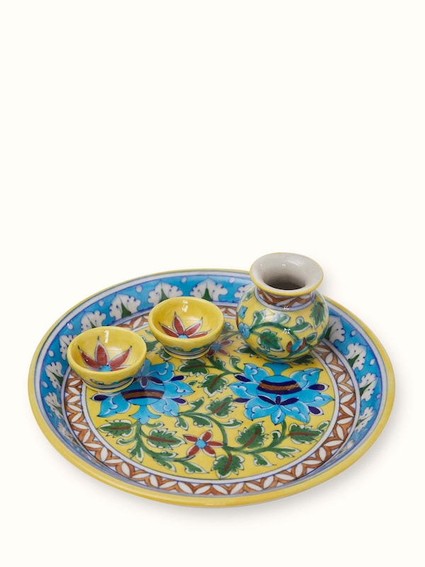 Polished Blue Pottery Ceramic Pooja Thali Set Blue Color