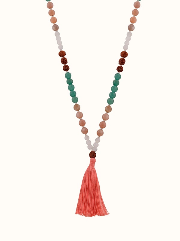 Peach & White Moonstone, Green Aventurine & Rudraksha Silver Mala