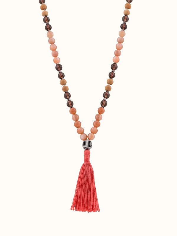 Smoky Quartz, Peach Moonstone Silver Mala