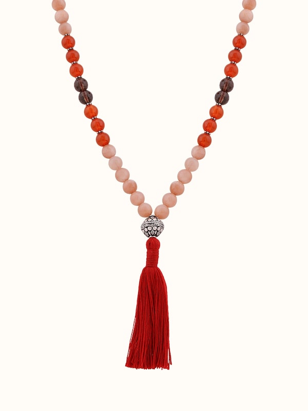 Smoky Quartz, Red Onyx & Peach Moonstone Silver Mala