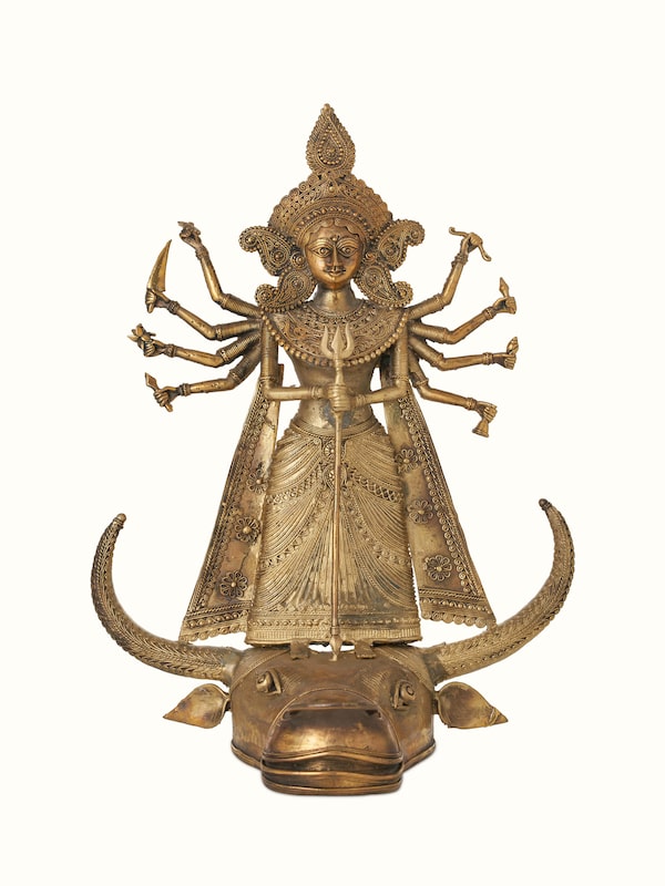 Brass Dhokra Durga on Bull Idol Golden Color