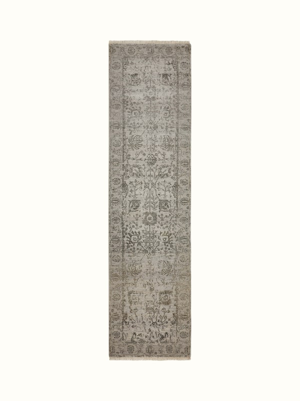 Distressed Transitional Grey Charcoal Agra Wool & Viscose Hand-knotted Runner