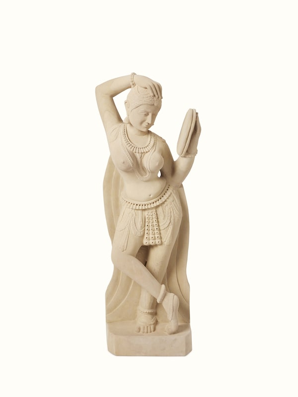 Enigmatic Gwalior Carved Stone Apsara with Mirror Sculpture