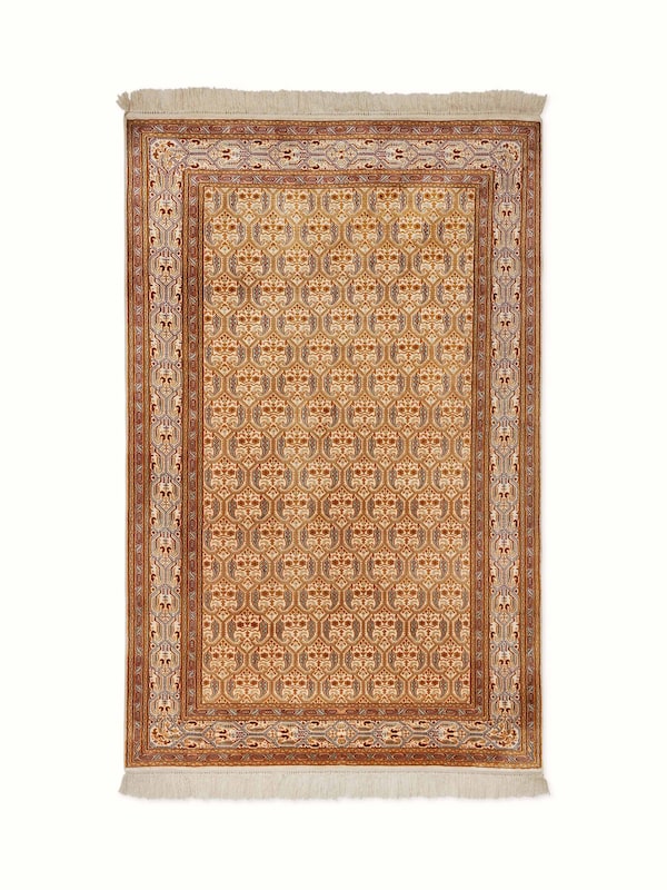 Traditional Persian Ivory Senneh Kashmir Silk Hand-Knotted Carpet
